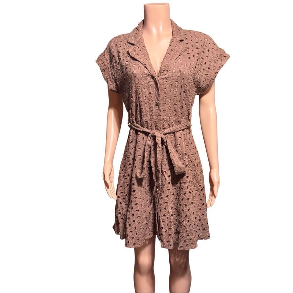 Zenobia short sleeve mocha button up fit & flare eyelet mini dress S, M,L